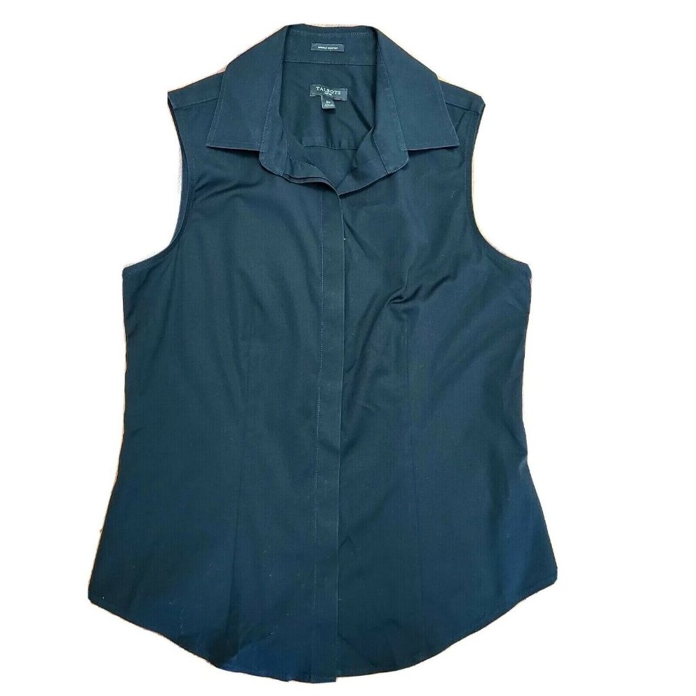 TALBOTS Solid All Black Sleeveless Button Front Collared Top Womens 0P 0 Petites